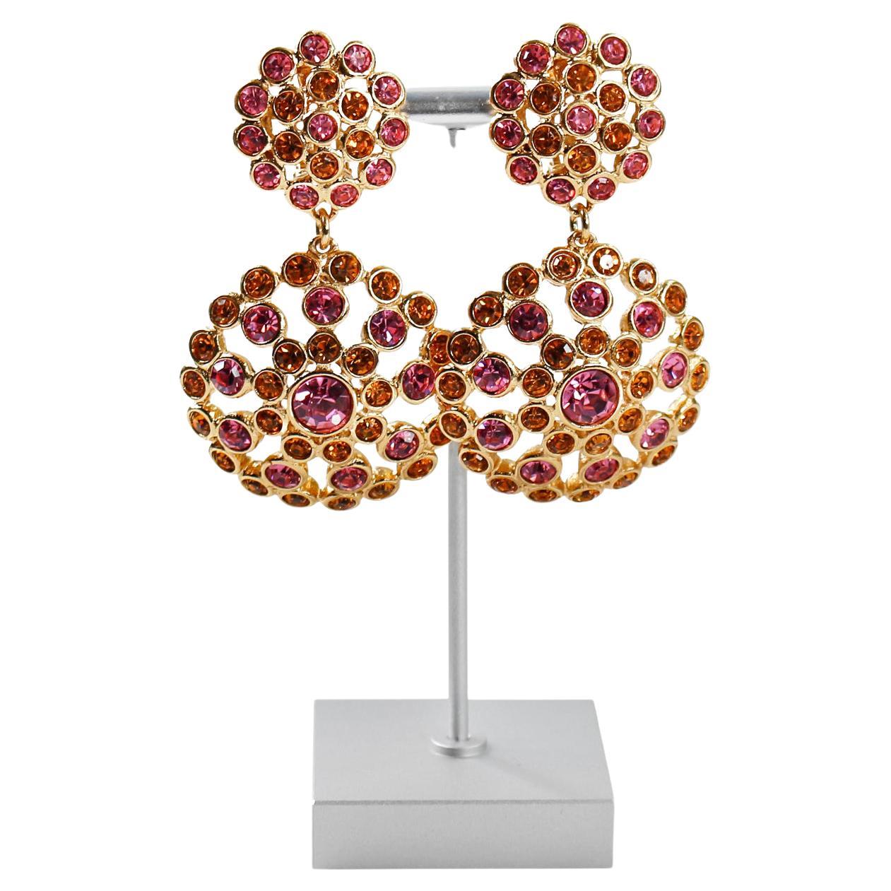 Vintage YSL Pink and Amber Color Dangling Earrings.  They are two round discs on top of each other to form these earrings.  As they are Slightly Domed you see earrings almost all the way around. The height of Chic! Clip On.  To see these earrings in