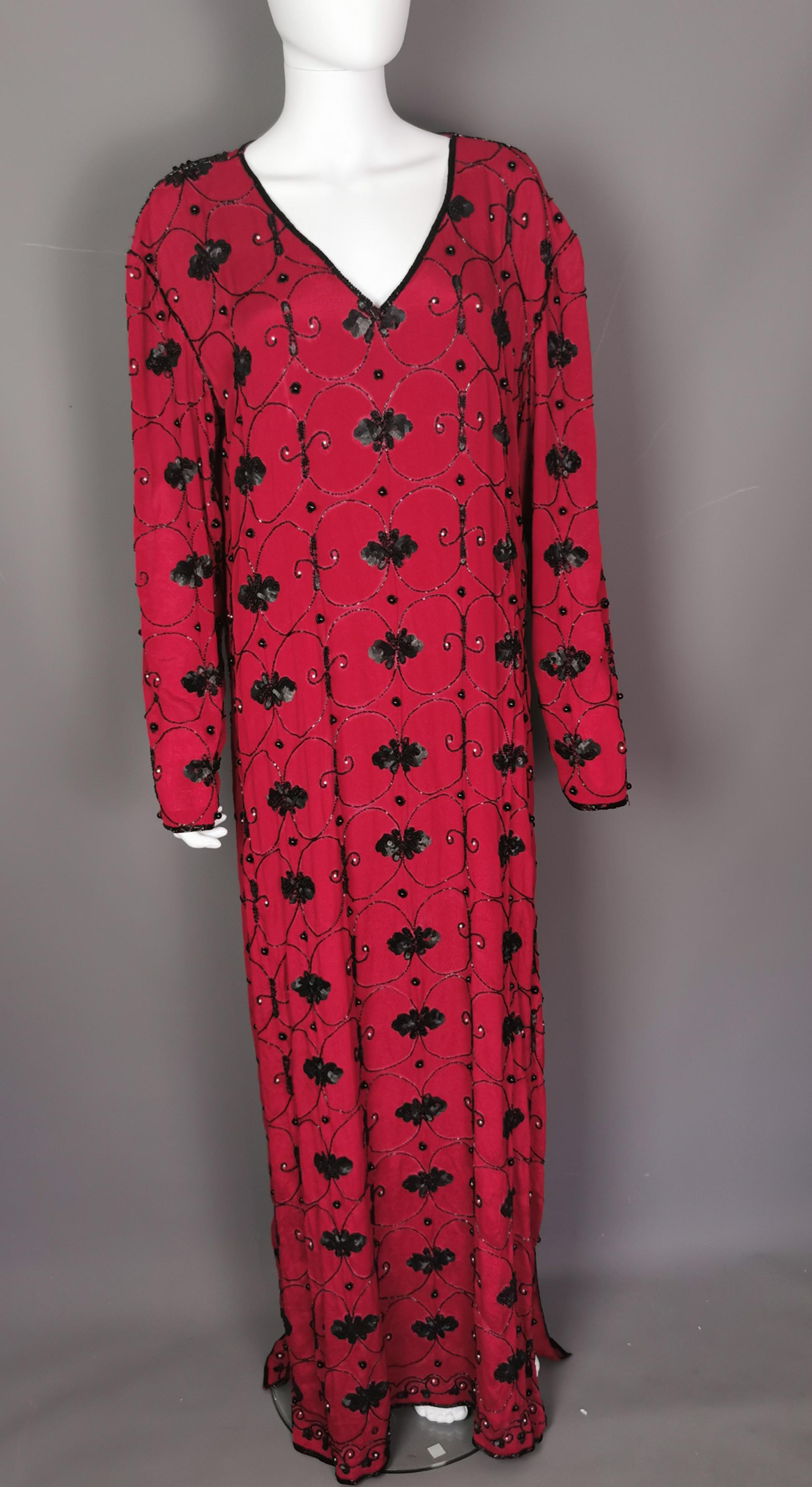 Vintage YSL Rive Gauche beaded sequin maxi dress, Red crepe silk 8