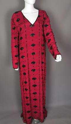 Vintage YSL Rive Gauche beaded sequin maxi dress, Red crepe silk