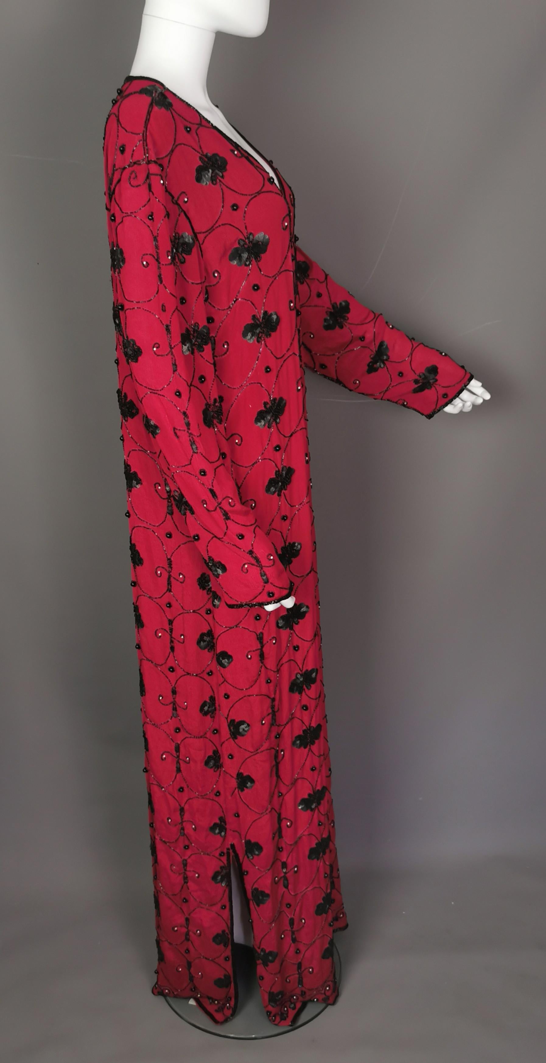 Vintage YSL Rive Gauche beaded sequin maxi dress, Red crepe silk  In Fair Condition For Sale In NEWARK, GB