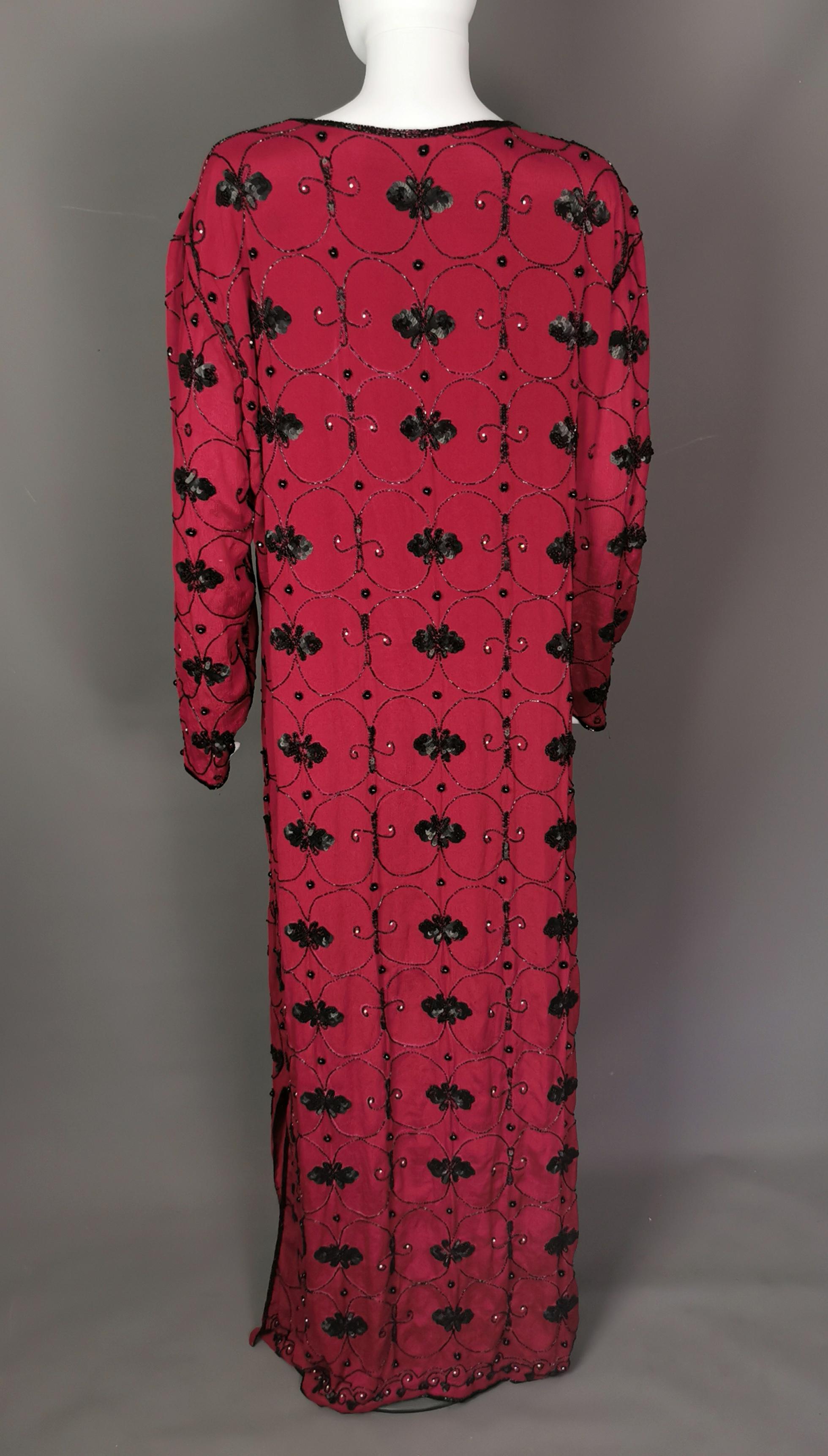 Vintage YSL Rive Gauche beaded sequin maxi dress, Red crepe silk  For Sale 3