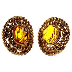 Vintage YSL Yves Saint Laurent Amber Resin Poured Disc Medallion Earrings