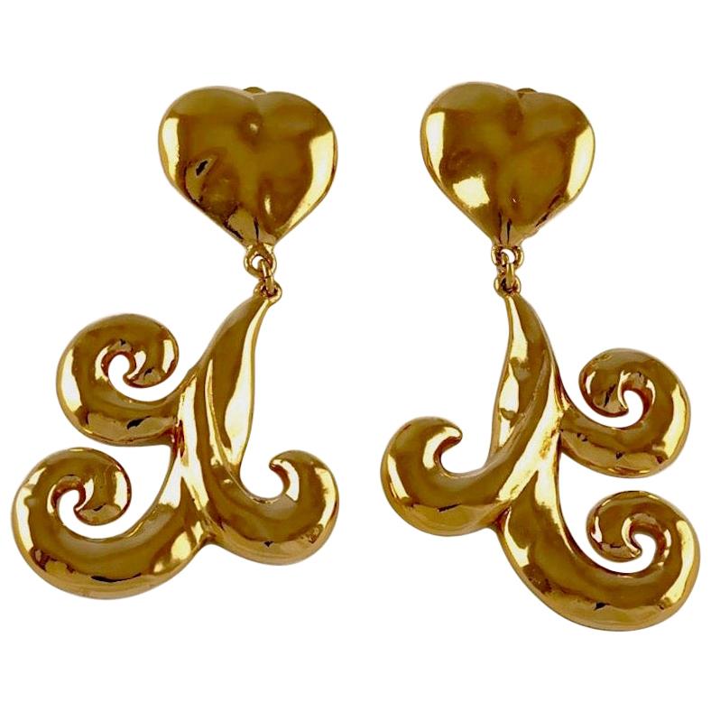 Vintage YSL Yves Saint Laurent Arabesque Heart Stylized Dangling Earrings For Sale