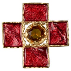 Vintage YSL Yves Saint Laurent by Goossens Wrinkled Red Cross Enamel Brooch 