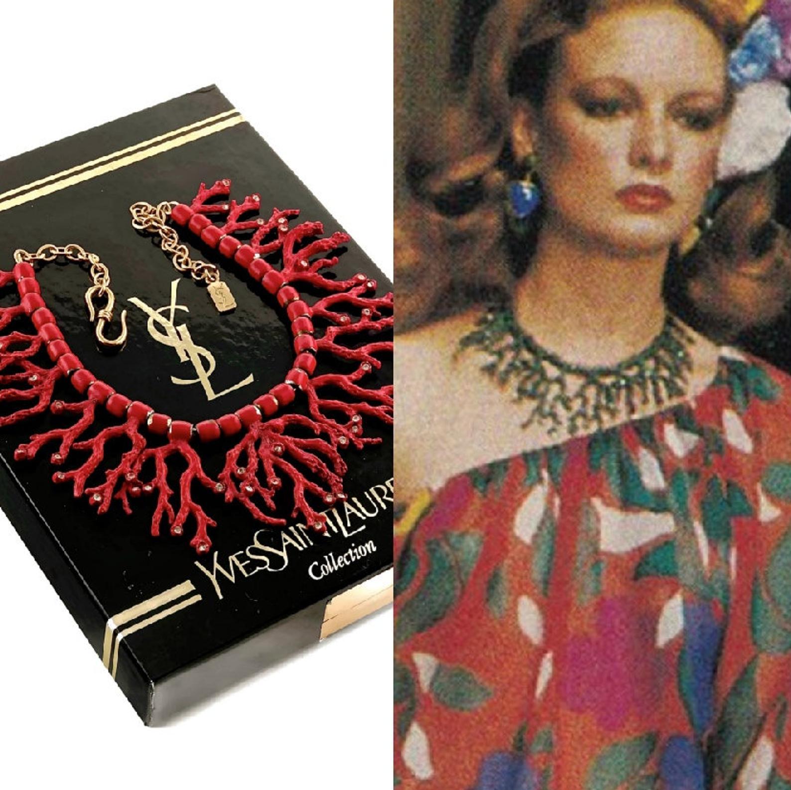 Vintage YSL Yves Saint Laurent by Robert Goossens Coral Rhinestone Necklace

Measurements:
Height: 2 3/8 inches (6.03 cm)
Wearable Length: 14 4/8 inches (36.83 cm) to 18 inches (45.72 cm)

As seen on December 1978 YSL Runway Show. Highly sought
