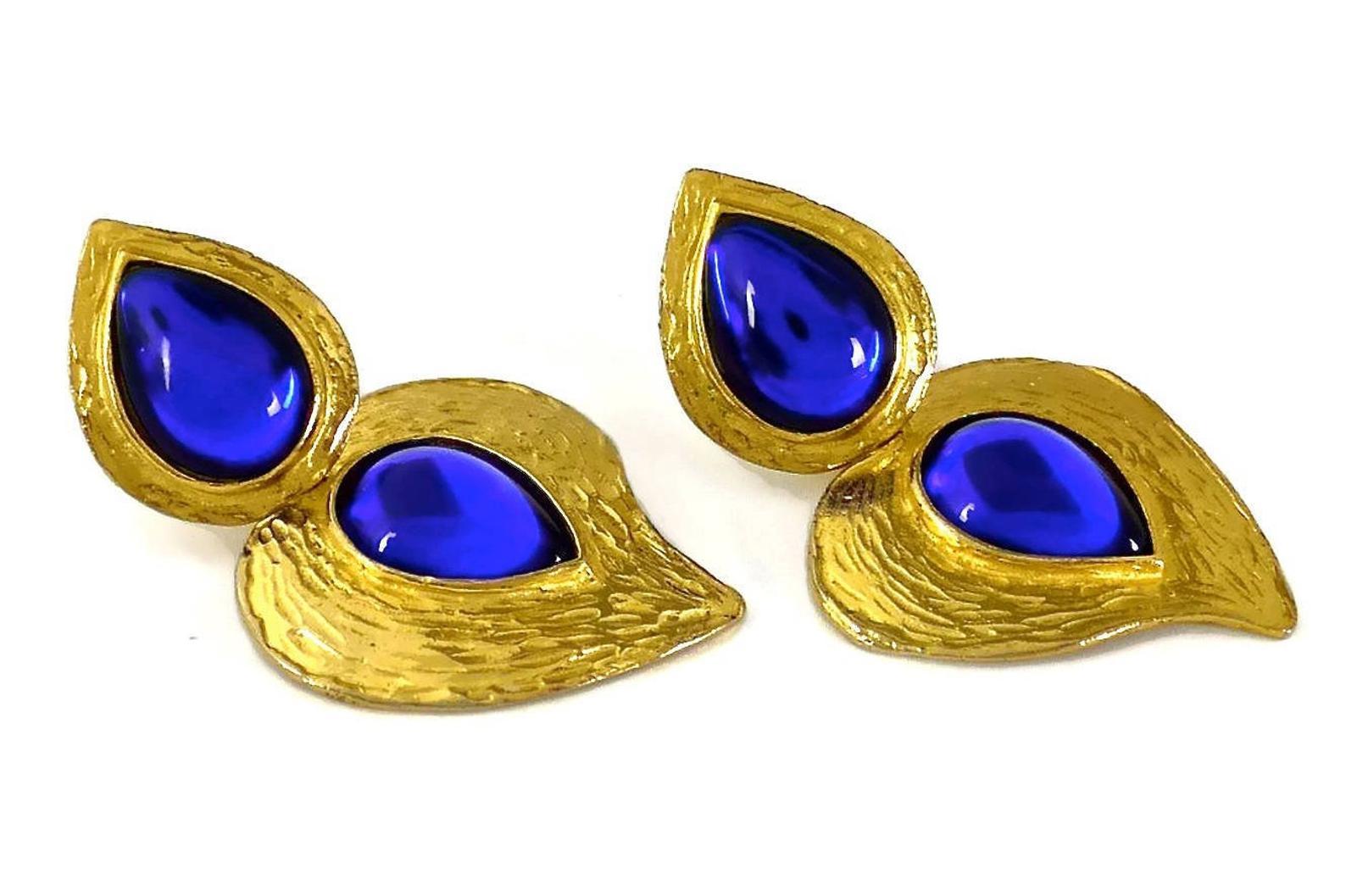 Vintage YSL Yves Saint Laurent by Robert Goossens Heart Blue Cabochon Earrings 1