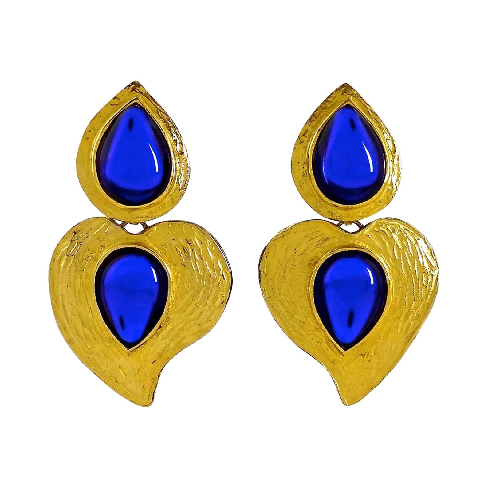 Vintage YSL Yves Saint Laurent by Robert Goossens Heart Blue Cabochon Earrings