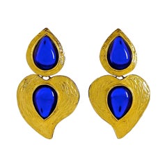 Vintage YSL Yves Saint Laurent by Robert Goossens Heart Blue Cabochon Earrings