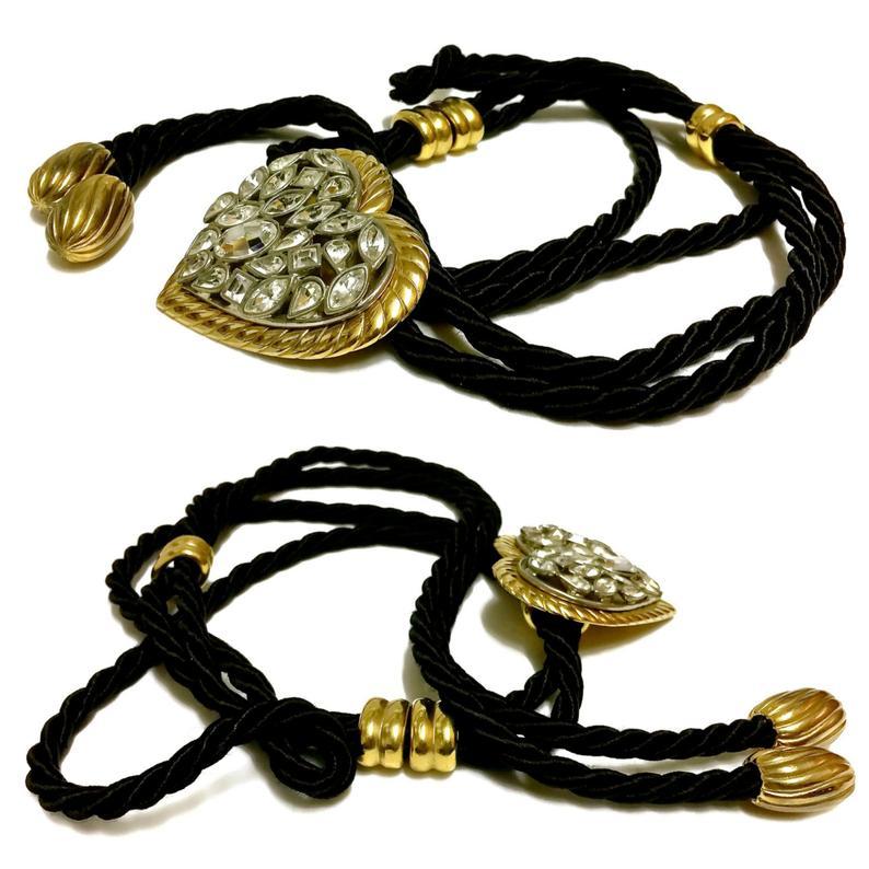 Black Vintage YSL Yves Saint Laurent by Robert Goossens Heart Stone Cord Necklace Belt