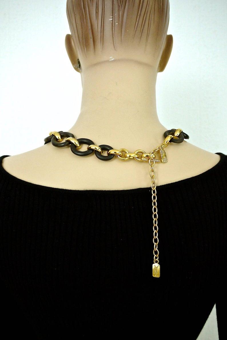 Vintage YSL Yves Saint Laurent by Robert Goossens Wood Metal Chain Link Necklace For Sale 3