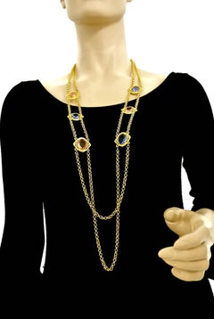Vintage YSL Yves Saint Laurent Coloured Glass Stones Multi Layer Chain Long Neck