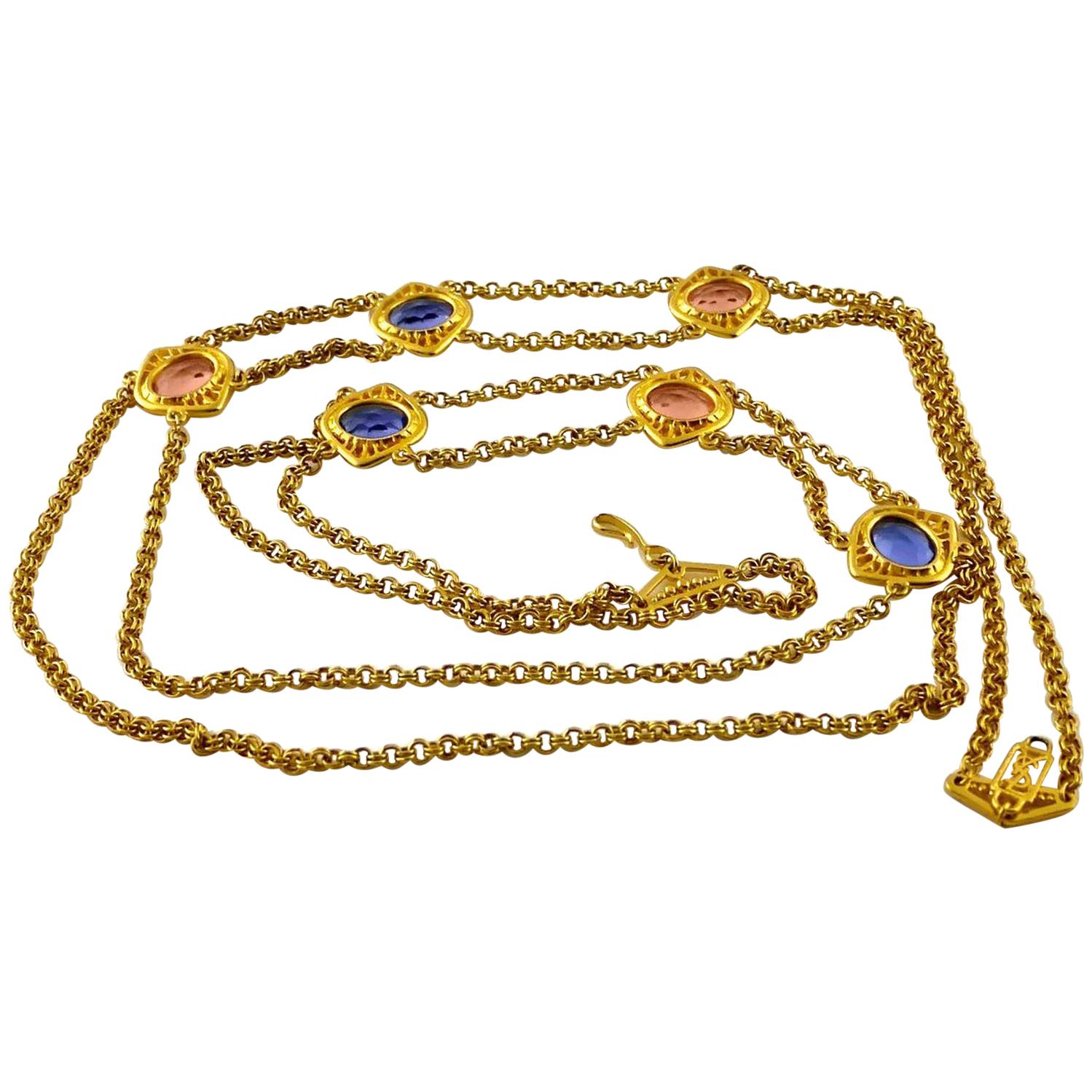Vintage YSL Yves Saint Laurent Coloured Glass Stones Multi Layer Chain Long Neck For Sale
