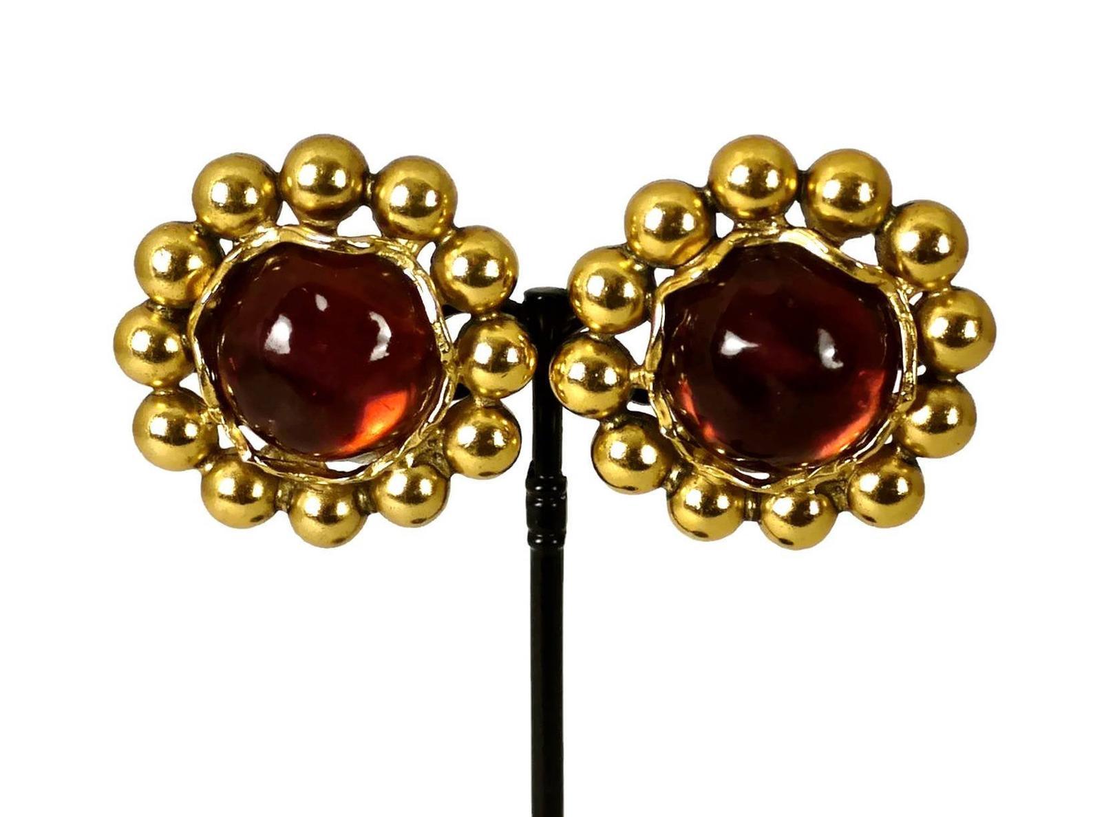 Vintage YSL Yves Saint Laurent Dark Amber Resin Poured Flower Earrings 3