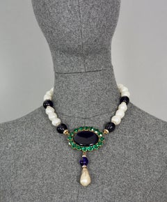 Vintage YSL Yves Saint Laurent Emerald Sapphire Stone Pearl Victorian Necklace