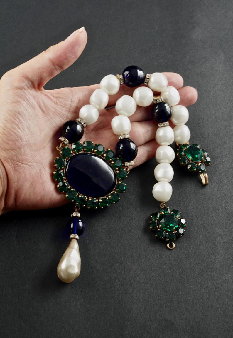 Vintage YSL Yves Saint Laurent Emerald Sapphire Stone Pearl Victorian