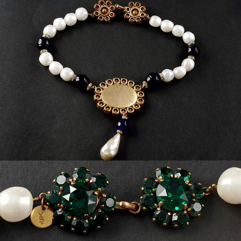 Vintage YSL Yves Saint Laurent Emerald Sapphire Stone Pearl Victorian