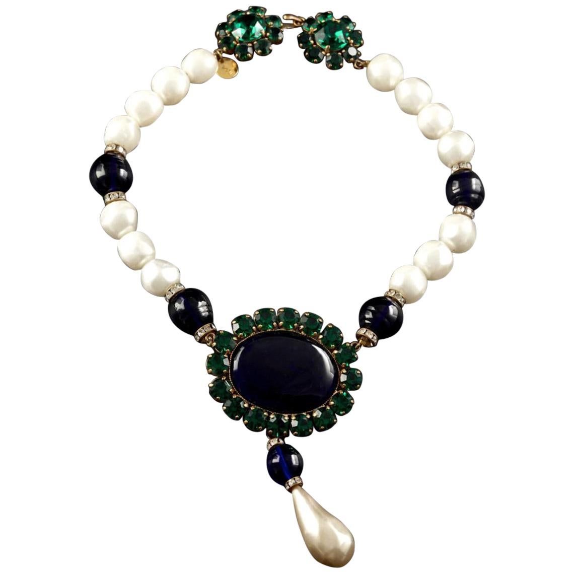 Vintage YSL Yves Saint Laurent Emerald Sapphire Stone Pearl Victorian Necklace