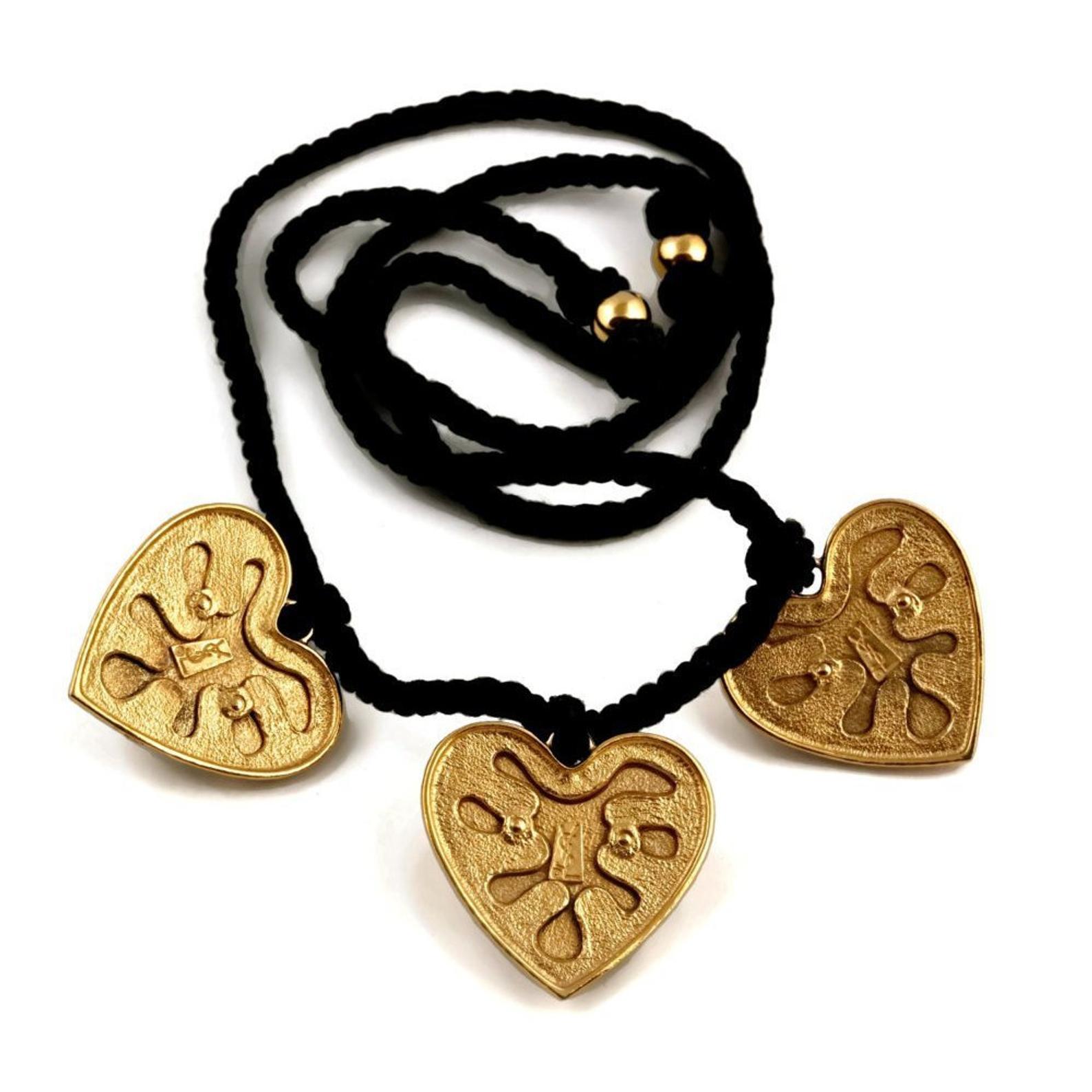 Vintage YSL Yves Saint Laurent Enamel Heart Silk Cord Necklace 2