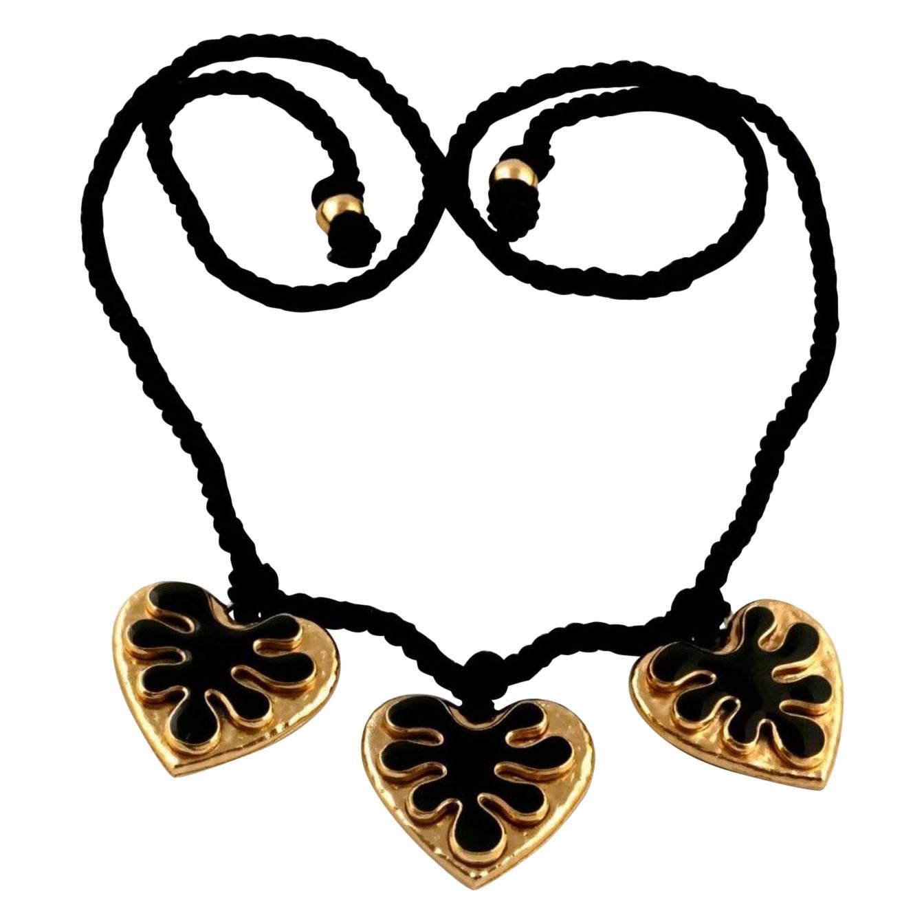 Vintage YSL Yves Saint Laurent Enamel Heart Silk Cord Necklace