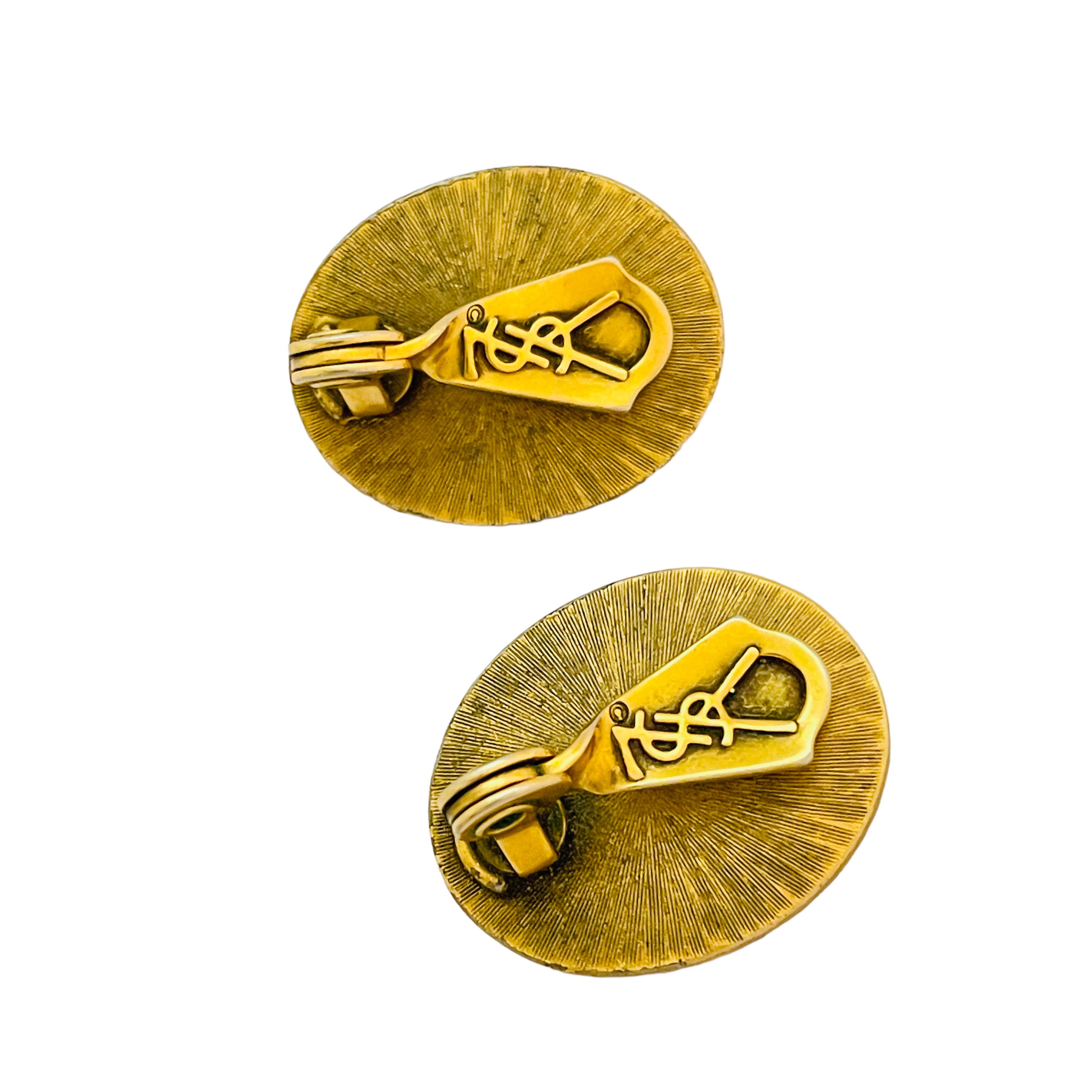 Vintage YSL YVES SAINT LAURENT gold glass designer runway clip on earrings In Good Condition For Sale In Palos Hills, IL