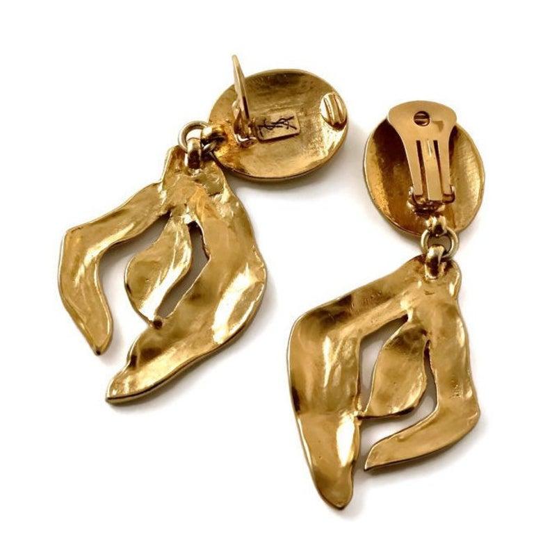 Vintage YSL Yves Saint Laurent Hammered Stylized Drop Earrings For Sale 3