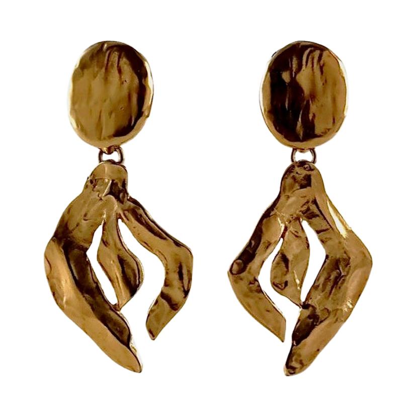 Vintage YSL Yves Saint Laurent Hammered Stylized Drop Earrings For Sale