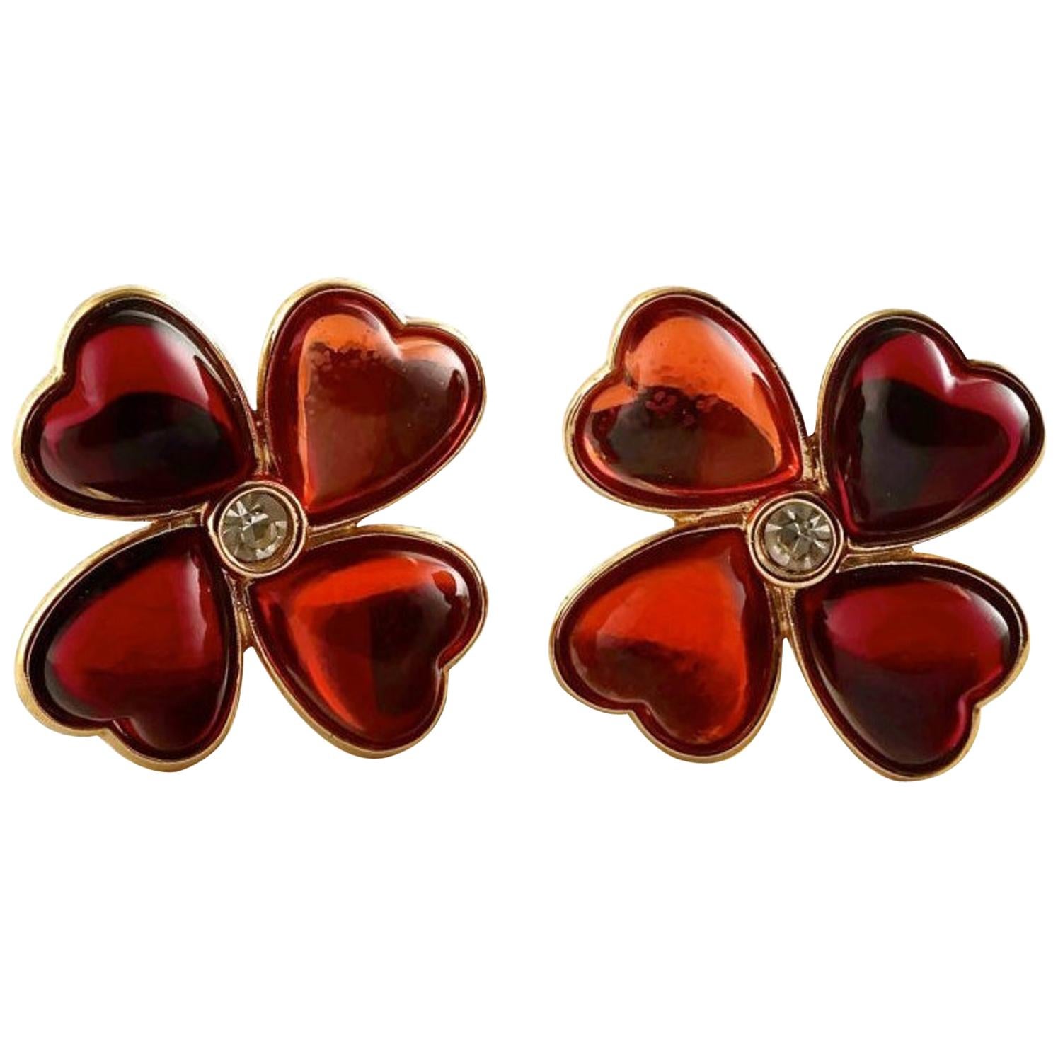 Vintage YSL Yves Saint Laurent Heart Clover Resin Earrings