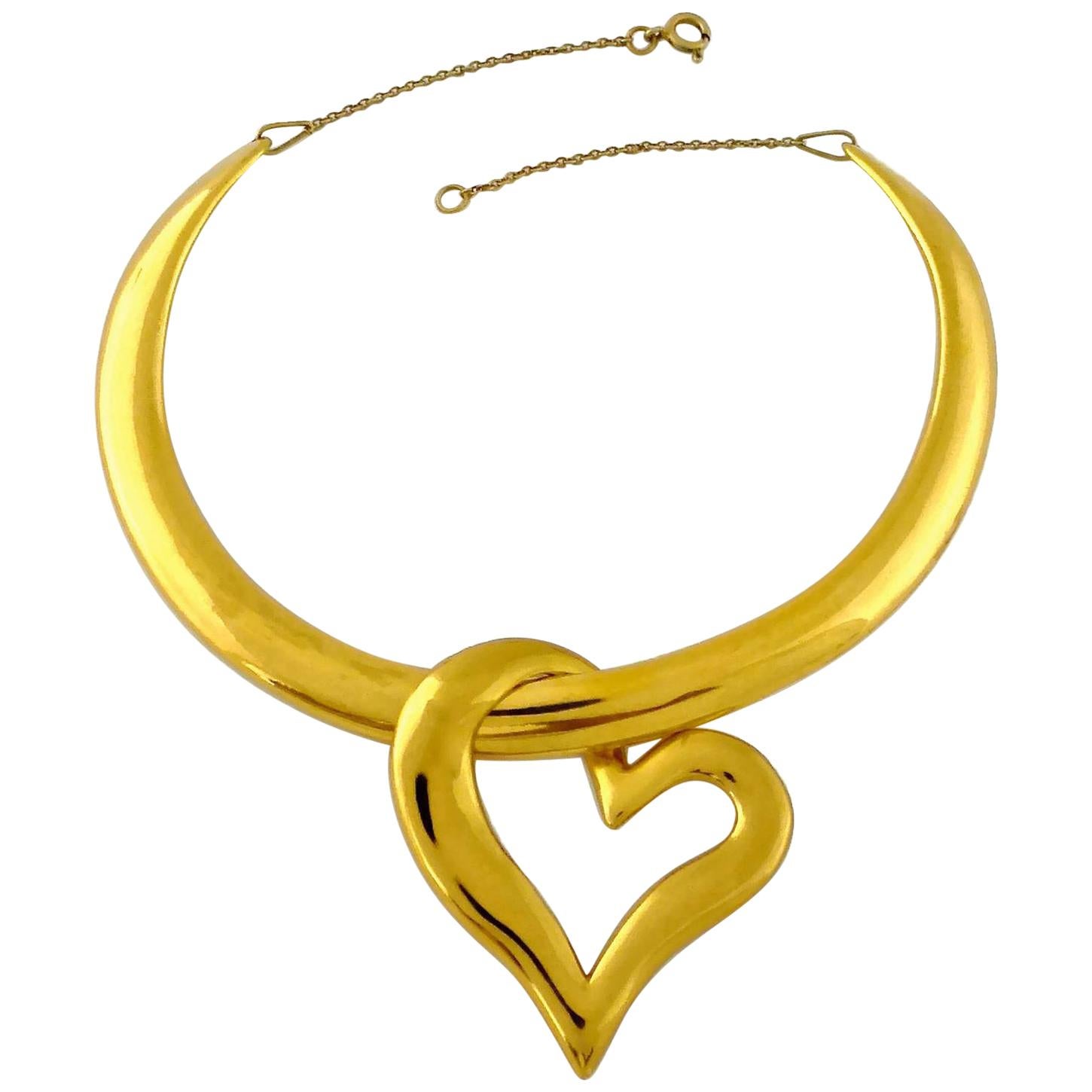 Vintage YSL Yves Saint Laurent Heart Pendant Rigid Choker Necklace