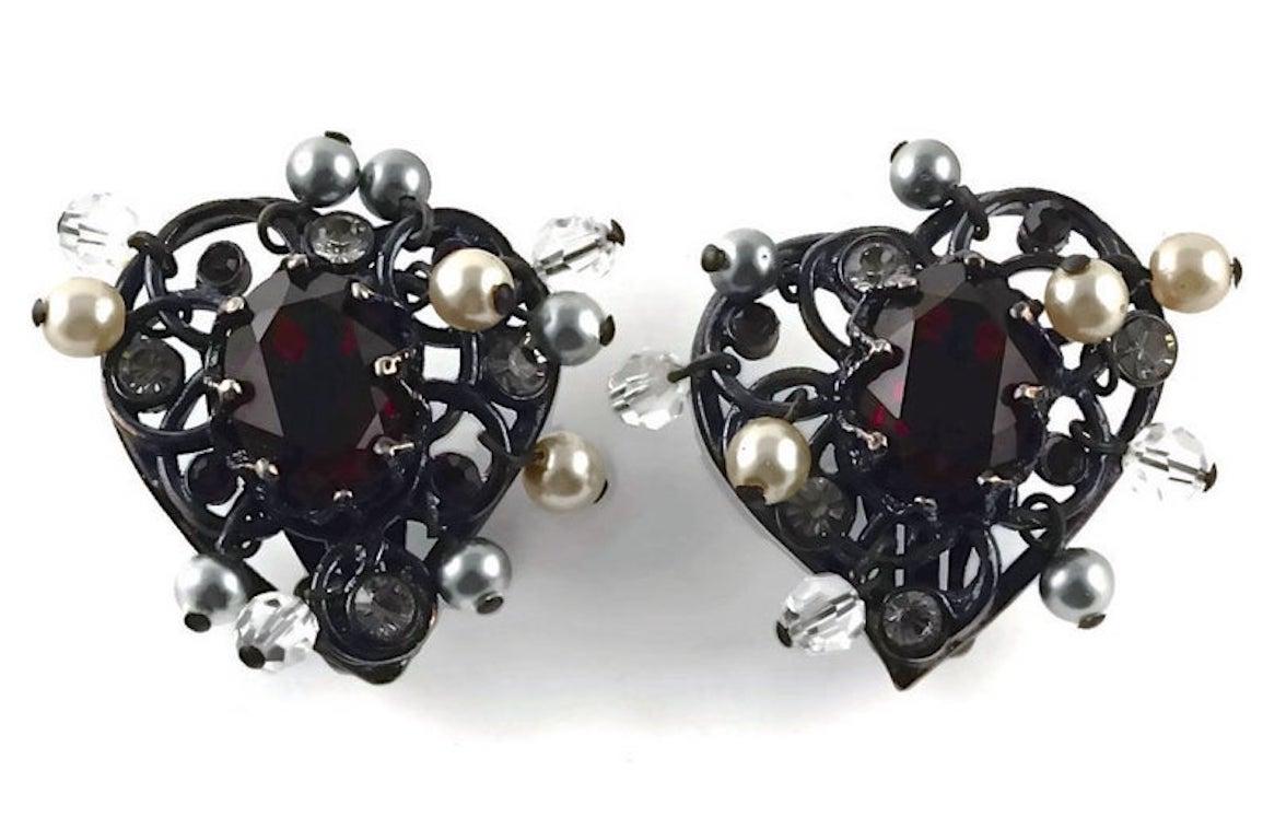 Women's Vintage YSL Yves Saint Laurent Heart Ruby Pearls Filigree Earrings