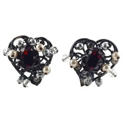 Vintage YSL Yves Saint Laurent Heart Ruby Pearls Filigree Earrings