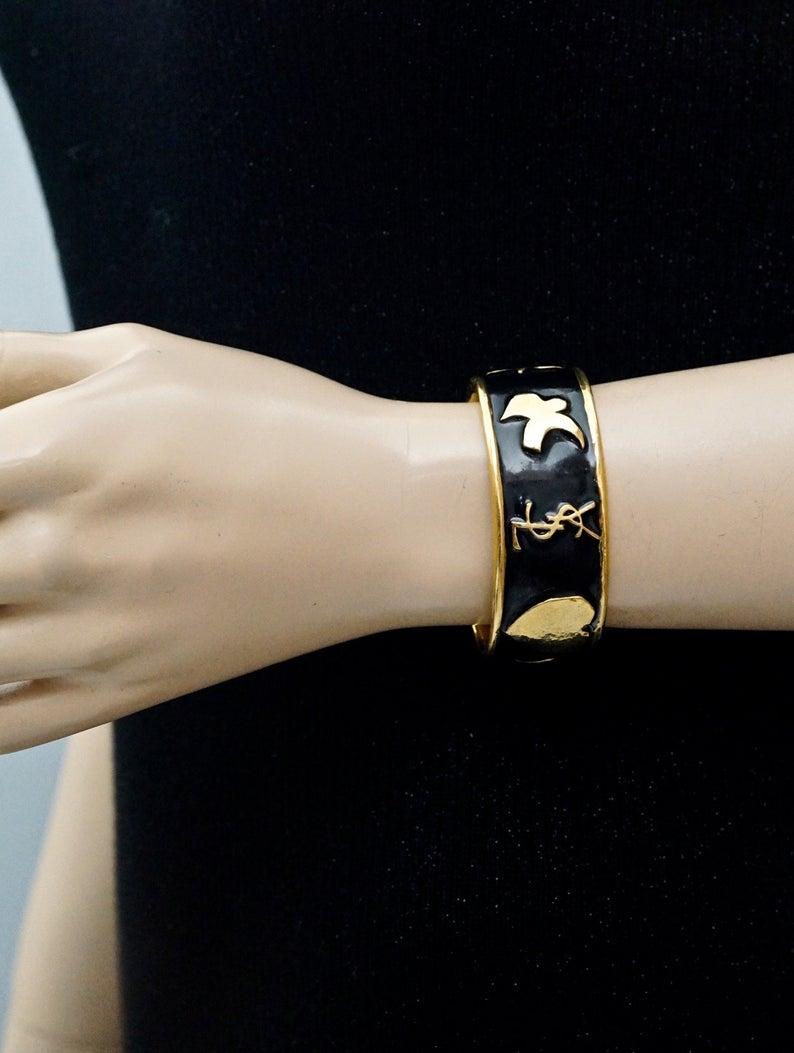 Vintage YSL Yves Saint Laurent Iconic Logo Emblem Enamel Bracelet Cuff 1