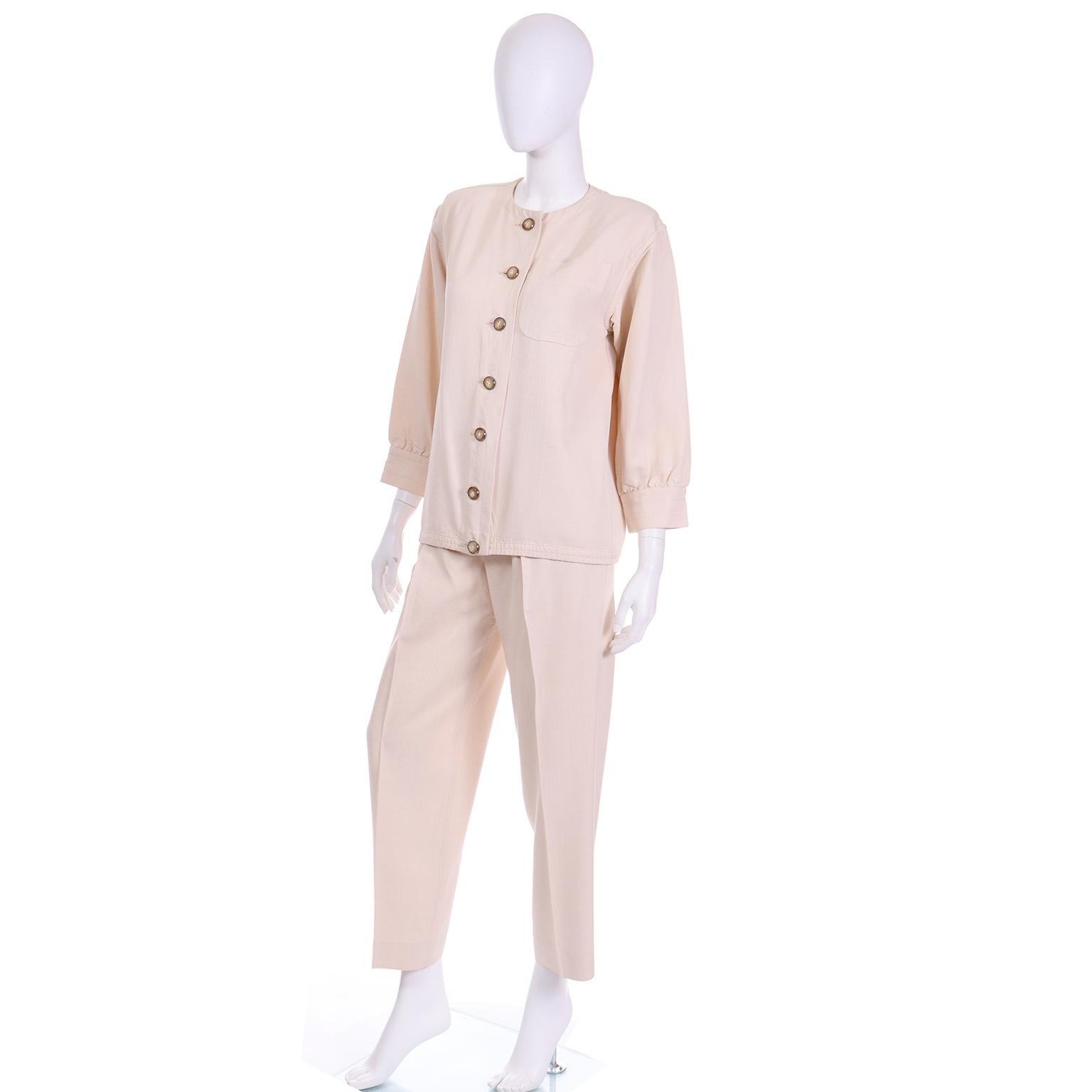 Vintage YSL Yves Saint Laurent Neutral Beige Pants & Jacket 2pc Suit For Sale 1