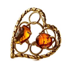 Vintage YSL Yves Saint Laurent Openwork Heart Amber Resin Brooch