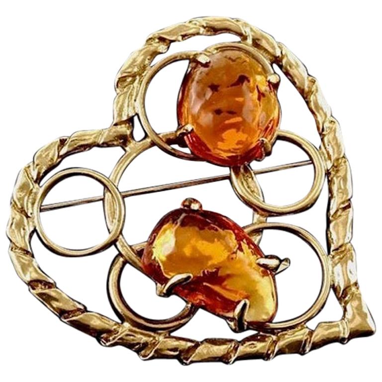 Vintage YSL Yves Saint Laurent Openwork Heart Amber Resin Brooch For Sale