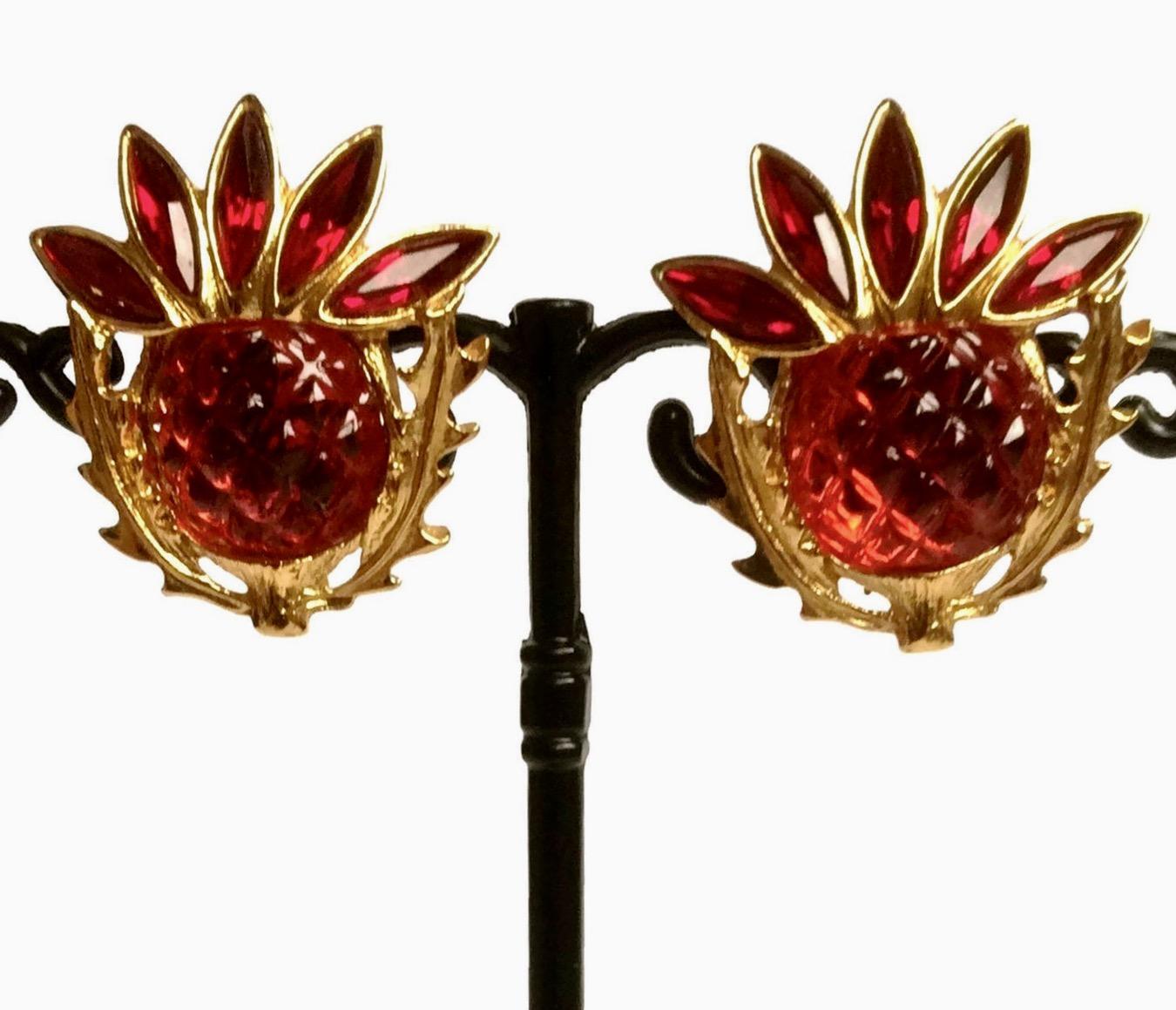 Women's Vintage YSL Yves Saint Laurent Pineapple Lucite Resin Rhinestone Earrings