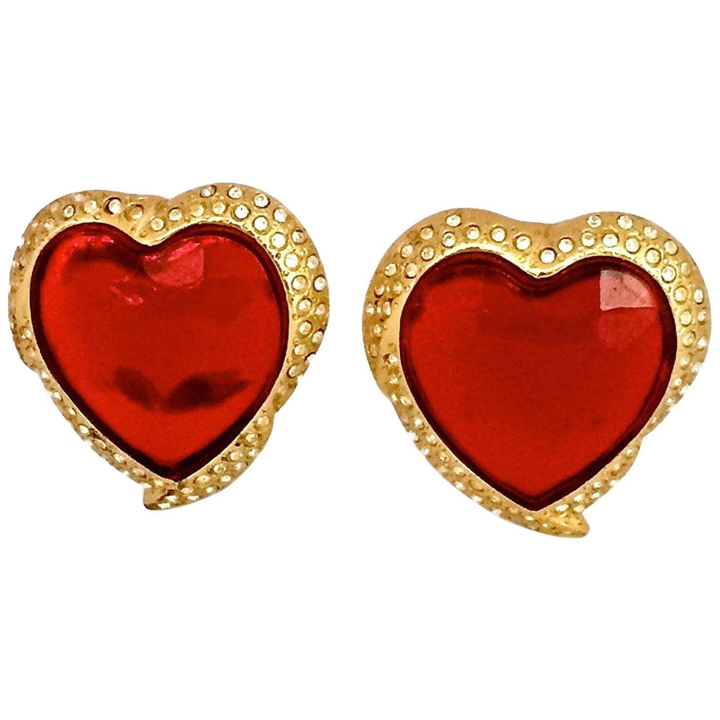 Vintage YSL Yves Saint Laurent Red Faceted Heart Rhinestone Earrings
