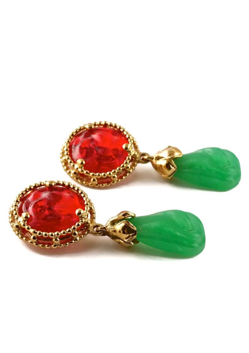 Vintage YSL Yves Saint Laurent Ruby Jade Poured Glass Drop Earrings

Measurements:
Height: 3 inches (7.62 cm)
Width: 1 2/8 inches (3.17 cm)

Features:
- 100% Authentic YVES SAINT LAURENT.
- Dramatic irregular depth poured glass in ruby and jade