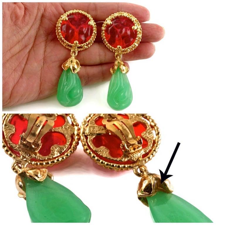 Vintage YSL Yves Saint Laurent Ruby Jade Poured Glass Drop Earrings In Good Condition For Sale In Kingersheim, Alsace