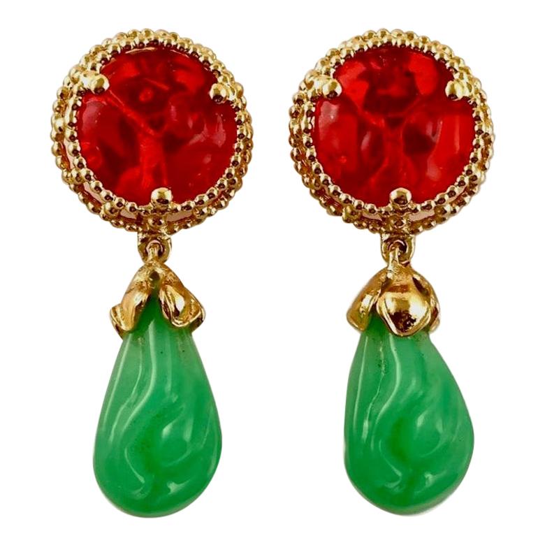 Vintage YSL Yves Saint Laurent Ruby Jade Poured Glass Drop Earrings For Sale