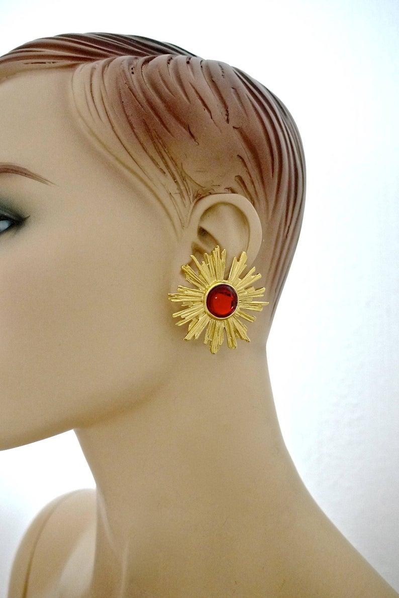 Vintage YSL Yves Saint Laurent Sunburst Ruby Stone Earrings For Sale 3