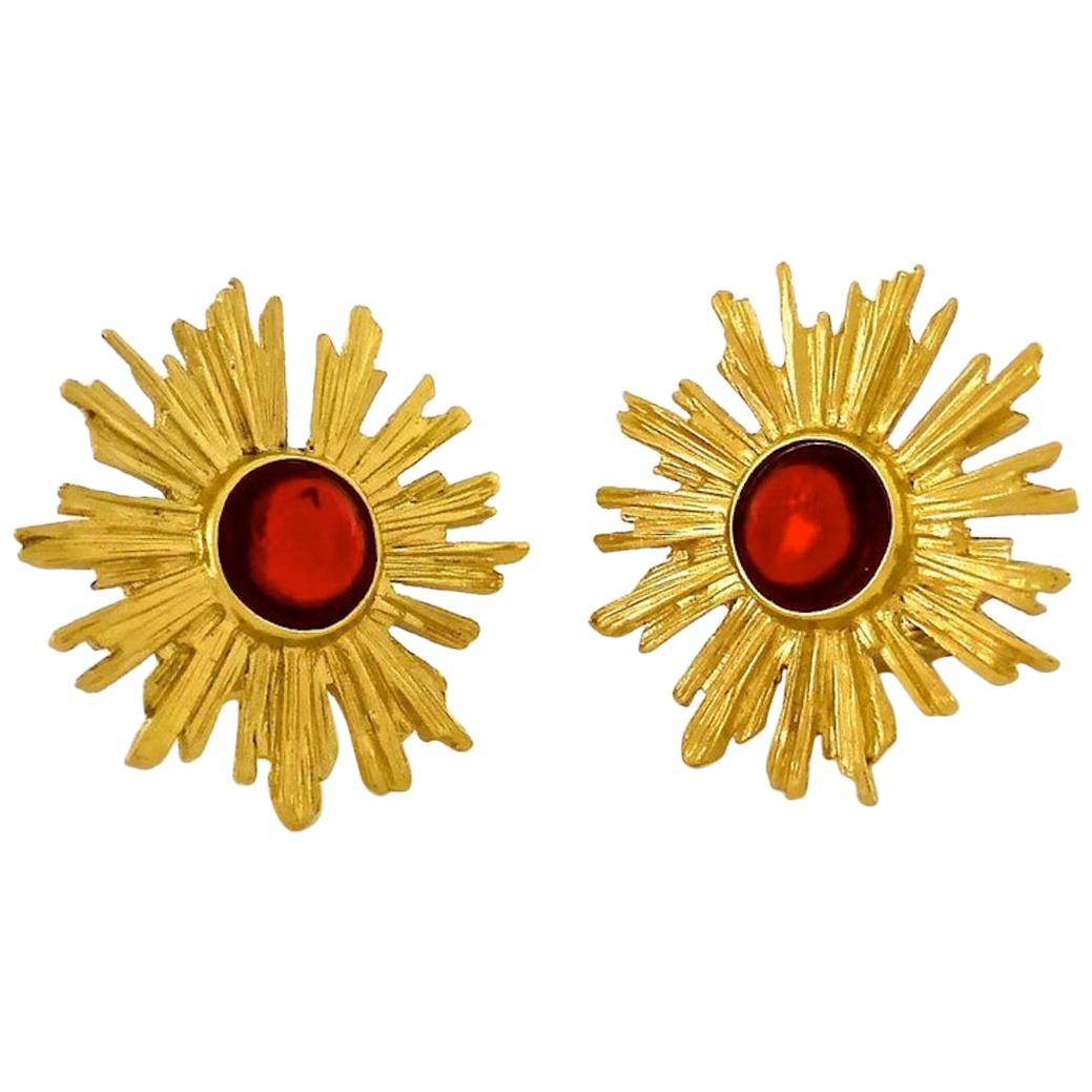 Vintage YSL Yves Saint Laurent Sunburst Ruby Stone Earrings For Sale