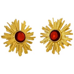 Vintage YSL Yves Saint Laurent Sunburst Ruby Stone Earrings