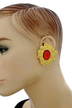 Vintage YSL Yves Saint Laurent Textured Ruby Cabochon Earrings