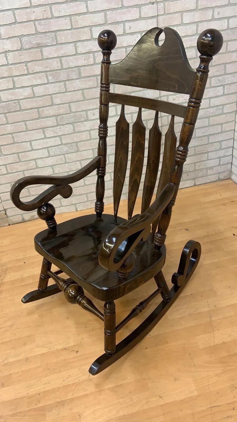 Rustic Vintage Yugoslavian High Back Wood Rocking Chair For Sale