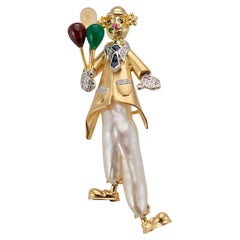 Vintage By Yvel, oro giallo 18 carati, perla, gemma, diamante, pagliaccio, spilla a forma di palloncino