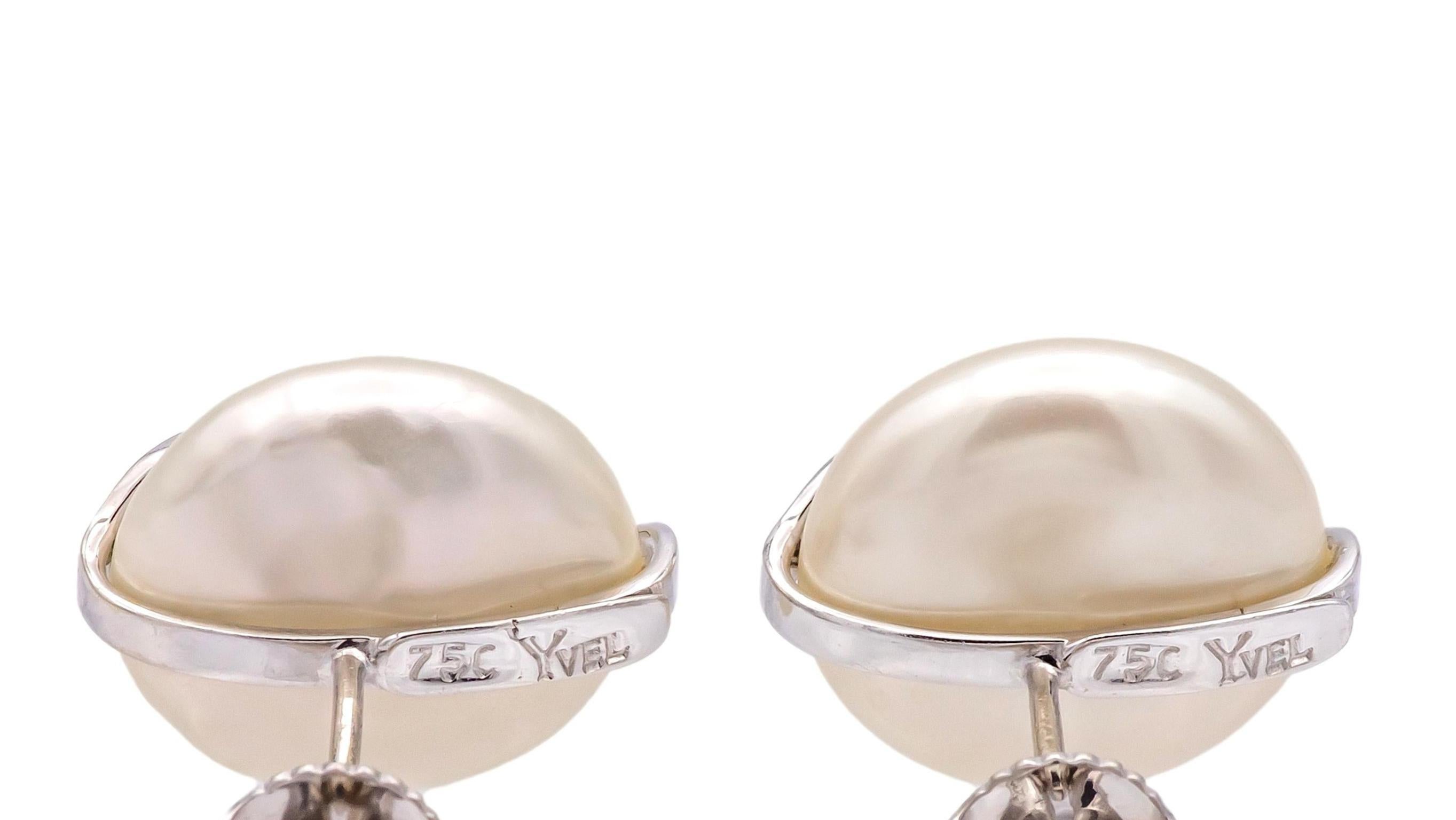 Pendientes Vintage Yvel Biwa Coin Pearl  Oro blanco de 18 quilates + diamantes, perlas de 14,5 mm Contemporáneo en venta