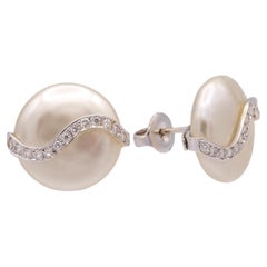 Yvel Biwa Münz-Perlen-Ohrringe, Vintage  18K Weißgold + Diamanten, 14,5 mm Perlen