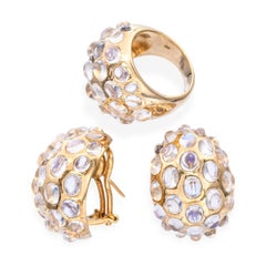 Vintage Yves 18k Yellow Gold Moonstone Cabochon Dome Ring and Earrings Set