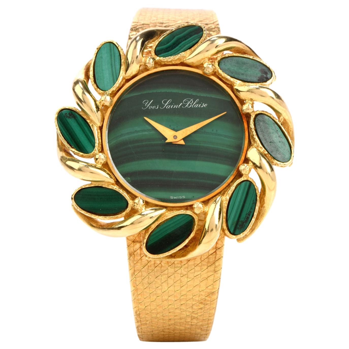 Vintage Yves Saint Blaise Malachite 18 Karat Gold Mechanical Watch