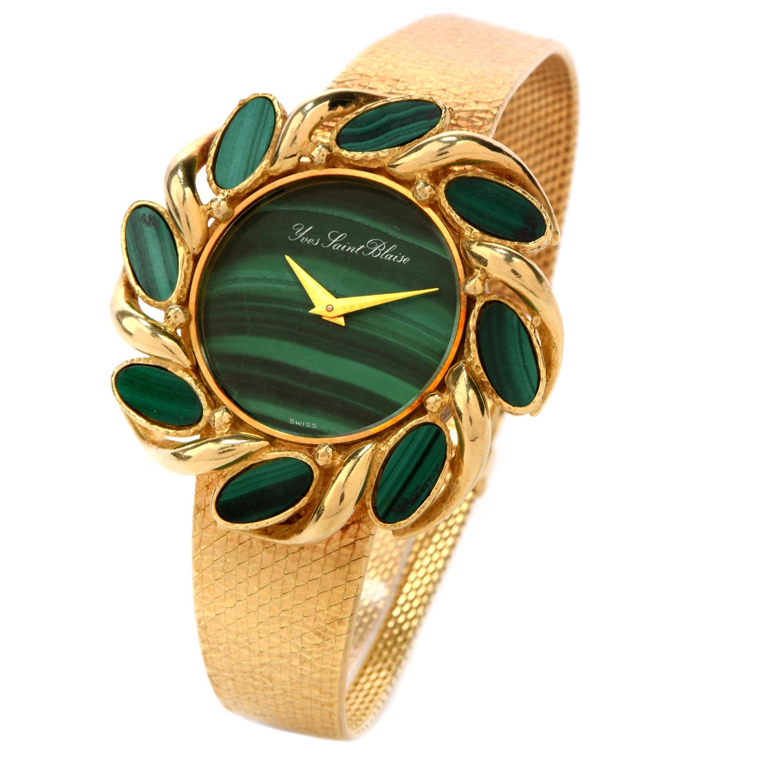 This exquisite Vintage Yves Saint Blaise Malachite 18K Gold Mechanical Watch displays a lovely flower motif. 

This designer 1970's watch is grafted in 18 karat textured yellow gold and is purity marked. 

The dial and surrounding 8